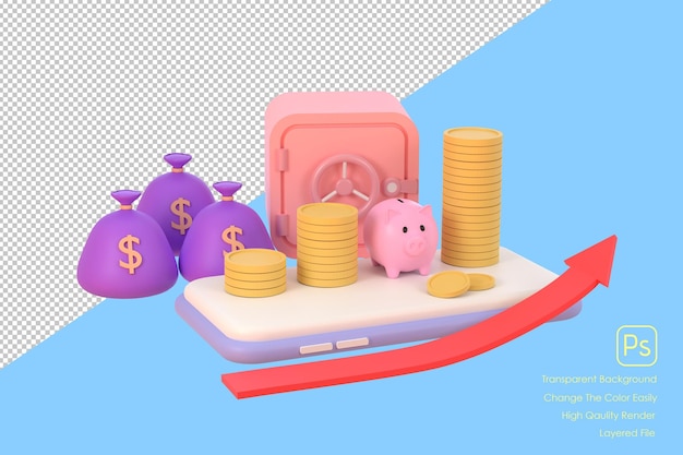 3D Safe coins money bag concept of financial management