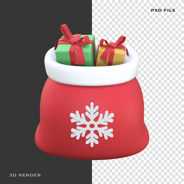 PSD 3d santa bag with gift box rendered on transparent background