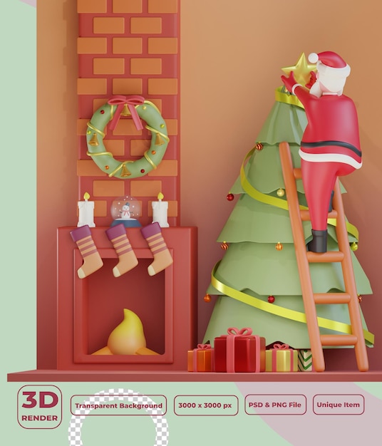 PSD 3d santa claus decorating christmas tree