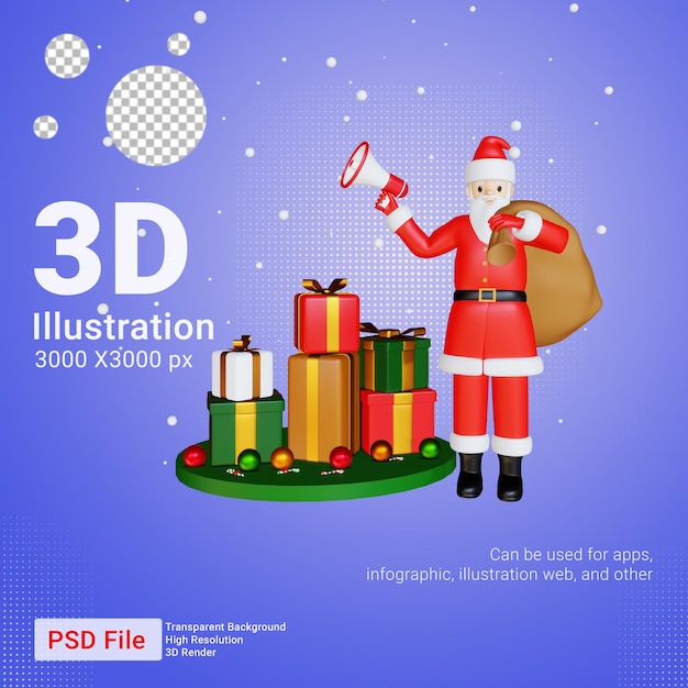 Babbo natale 3d che tiene in mano un amplificatore per megafono che trasporta un sacco con un regalo sul podio