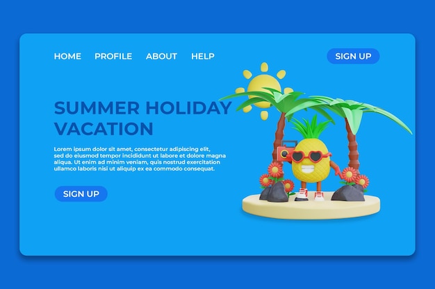 PSD 3d schattig ananaskarakter voor bestemmingspagina voor zomervakantie