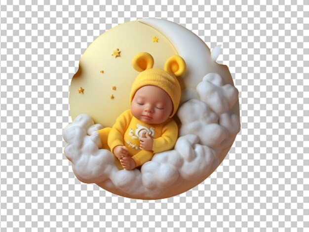 PSD 3d schattige slapende baby in het wit op gele maan en wolken