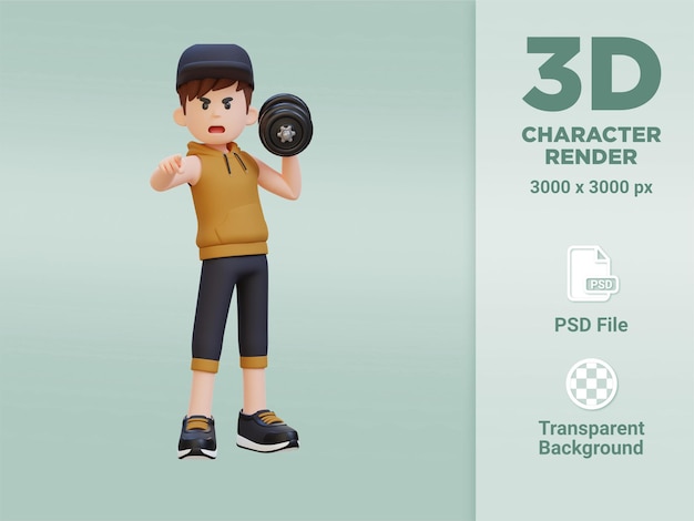 3d screaming sportsman character engaging viewers while holding dumbbell