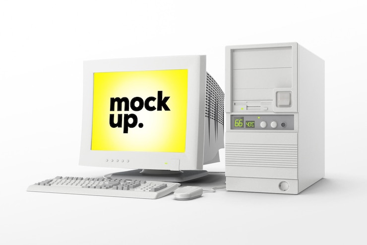 PSD 3d screen old computer mockup with white blank background