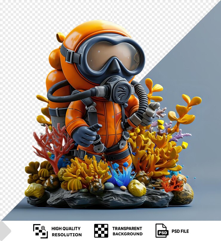 PSD 3d scuba diver cartoon exploring a vibrant coral reef surrounded by vibrant yellow flowers and wearing a black and gray glove