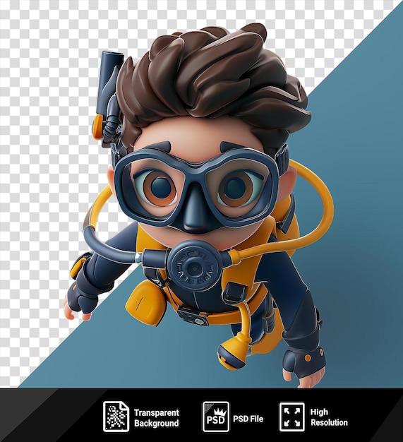 PSD 3d scuba diver: karikatura badająca głębię oceanu (png clipart, png psd)