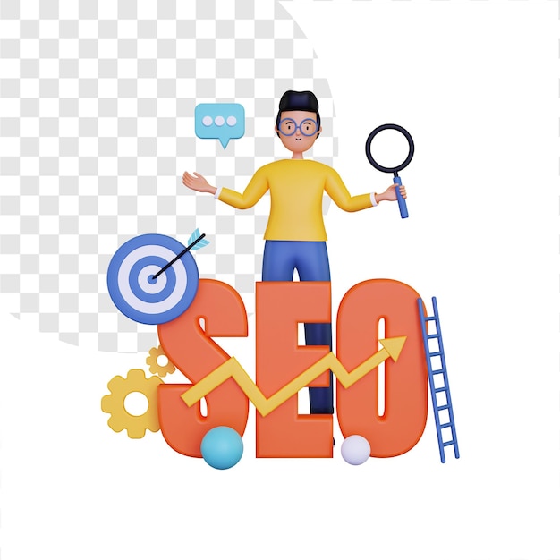 PSD 3d search engine optimization with a man holding a magnifying glass