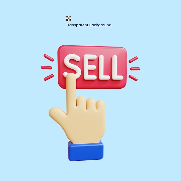 PSD 3d sell with hand button stock market high quality render illustration