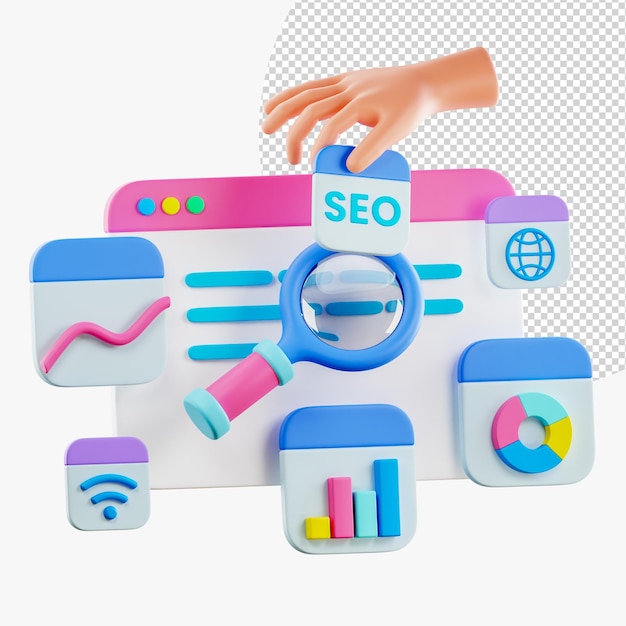 PSD 3d seo-optimalisatie met hand met webanalyse en seo-marketing social media-concept seo-interface voor websitestrategie en onderzoek schaven van zoekmachineverkeer 3d-rendering