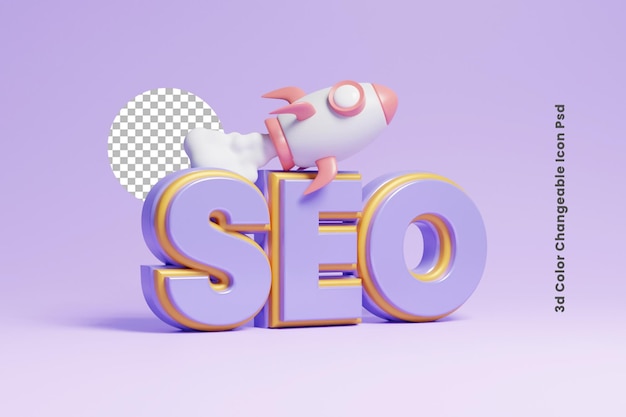 PSD icona di ottimizzazione seo 3d con icona di razzo volante o icona di concetto seo di social media marketing 3d