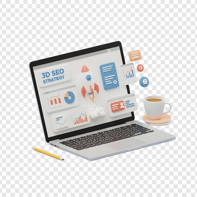 3D SEO Strategy with Laptop and Charts