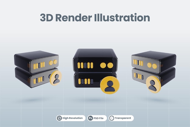 PSD 3d server database illustratie met 3d gebruikersprofiel mensen pictogram render geïsoleerd