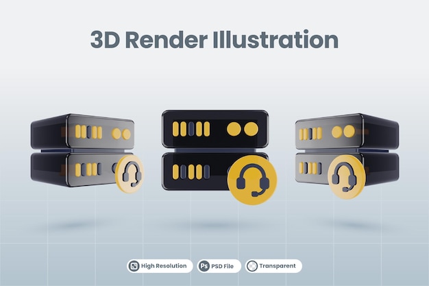 PSD 3d-server database illustratie met 3d hoofdtelefoon koptelefoon koptelefoon pictogram render geïsoleerd