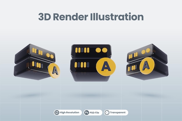 PSD 3d-server database illustratie met 3d-letter alfabet a pictogram render geïsoleerd