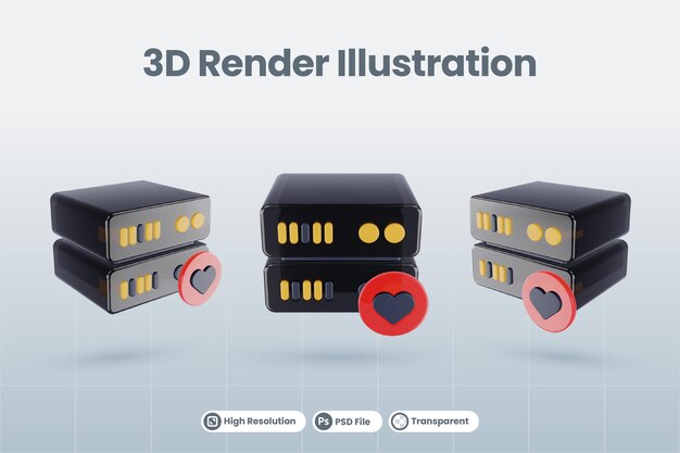 PSD 3d server database illustratie met 3d liefde favoriete pictogram render geïsoleerd