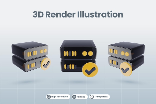 3d server database illustration with 3d approved verified checklist check icon render isolated
