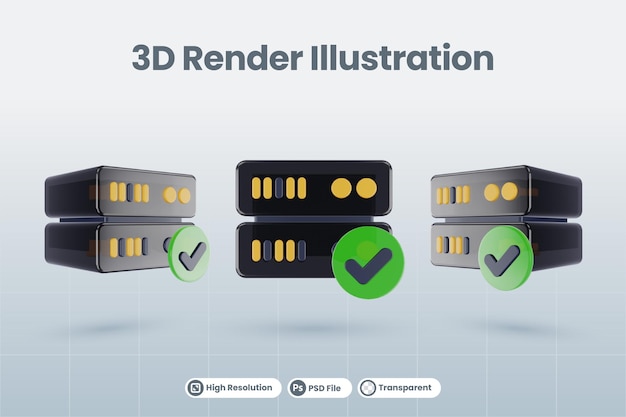 L'illustrazione del database del server 3d con l'icona di controllo della lista di controllo verificata approvata 3d rende isolata