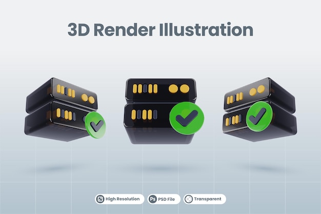 PSD l'illustrazione del database del server 3d con l'icona di controllo della lista di controllo verificata approvata 3d rende isolata