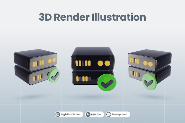 PSD l'illustrazione del database del server 3d con l'icona di controllo della lista di controllo verificata approvata 3d rende isolata