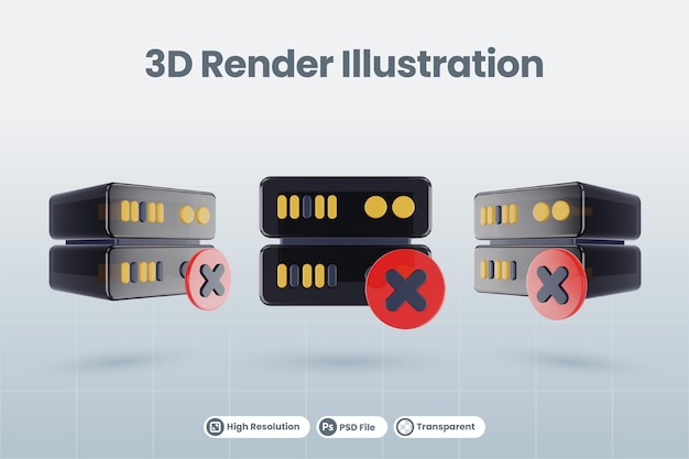 PSD 3d server database illustration with 3d cross rejection wrong icon render isolated