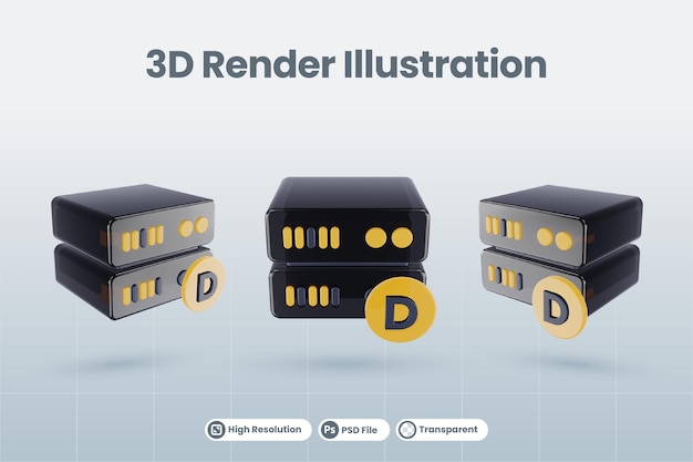 3d 문자 알파벳 D 아이콘이 있는 3d 서버 데이터베이스 그림은 격리된 렌더링