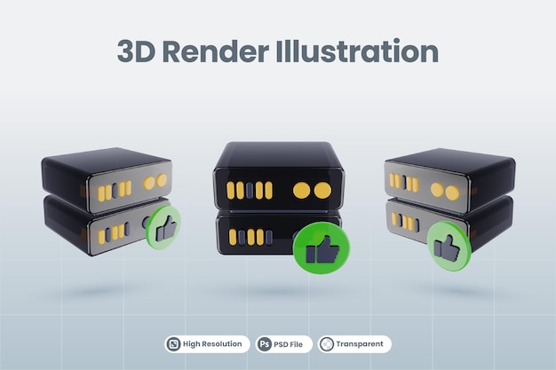 3d server database illustration with 3d like favorite icon render isolated