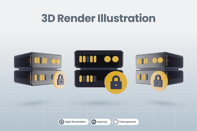 PSD illustrazione del database del server 3d con il rendering dell'icona del lucchetto 3d isolato