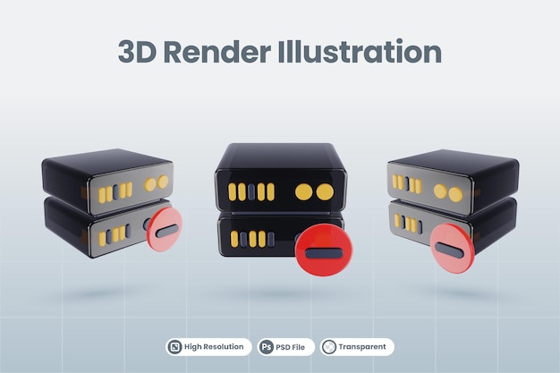 3d 마이너스 마이너스 아이콘이 있는 3d 서버 데이터베이스 그림은 격리된 렌더링