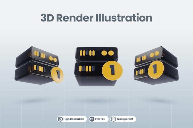 Illustrazione del database del server 3d con un'icona 3d numero 1 isolata