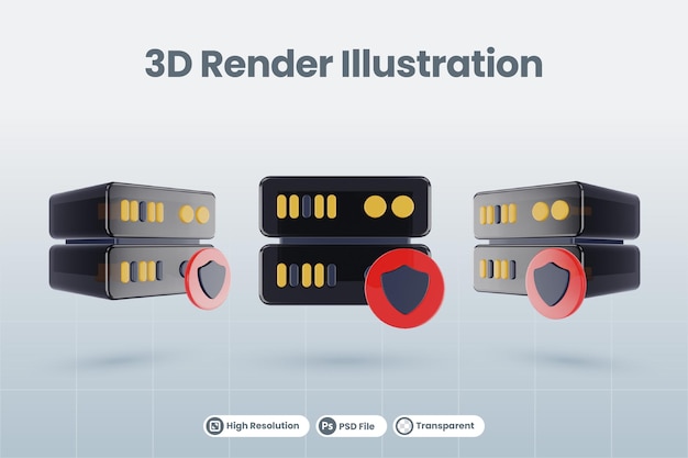 L'illustrazione del database del server 3d con lo scudo 3d protegge il rendering dell'icona isolato