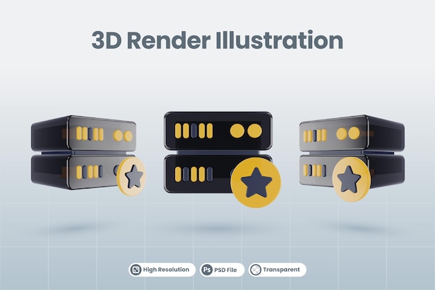 PSD 3d server database illustration with 3d star favorite icon render isolated