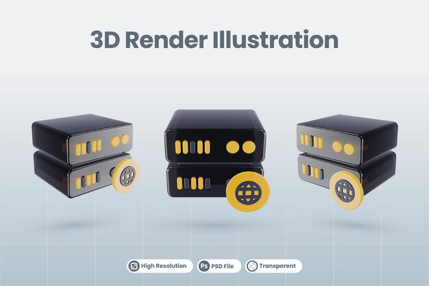 PSD l'illustrazione del database del server 3d con l'icona del globo del sito web 3d rende isolata