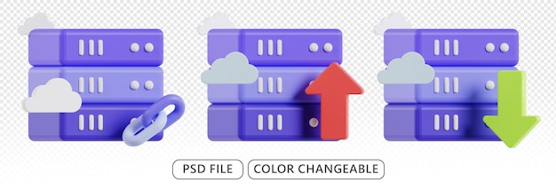 업로드 다운로드 아이콘 액세스 디지털 연결이 있는 3D 서버 아이콘