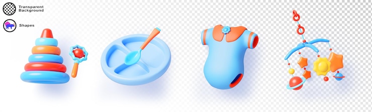 PSD 3d set of blue baby boy cartoon render icon infant clothes children toys mobile pyramid rattle food plate and spoon for kids newborn care accessories isolated toddler objects