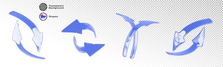 PSD 3d 세트 파란 곡선 화살표 고립 렌더링 아이콘 두 개의 원형 화살표 위와 아래 왼쪽과 오른쪽 다른 각도 뷰 신의 상징 재로드 반복 업데이트 및 동기화