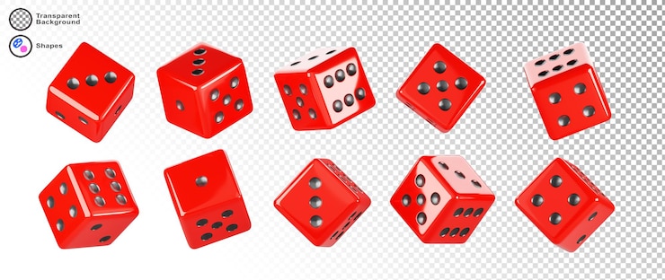 PSD 3d set of casino game red cube dice isolated on white background backgammon poker or craps lucky square die roll with black dots number realistic gambling render icons sport bet