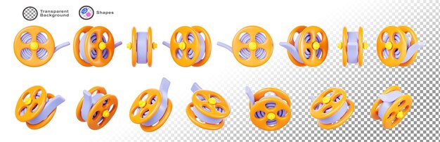 Set 3d di bobina o bobina di film con icone di rendering di nastro cinematografico rollo di film per telecamera video o proiettore isolato su sfondo bianco elemento dell'industria cinematografica disegno grafico a colori cartone animato