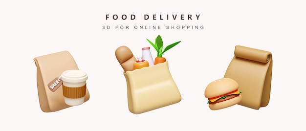 PSD set 3d di alimenti per l'icona del concetto di consegna degli alimenti isolata su sfondo bianco illustrazione del rendering 3d percorso di ritaglio