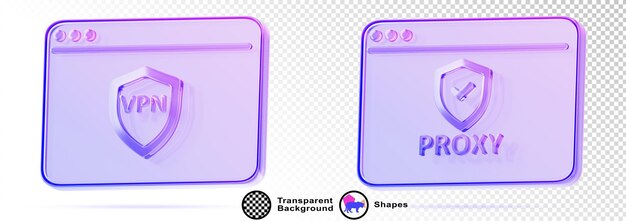 3d set of glass holographic browser window with VPN shield and proxy server icon render Data encryption hide IP address secure internet connection technology computer security