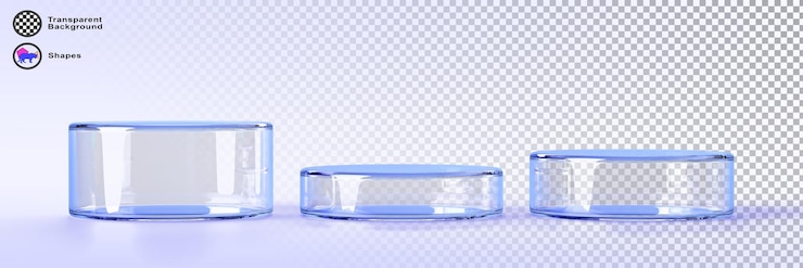 PSD 3d set of glass transparent clear cylinder stand podium display of different height render empty water blue round pedestal platform crystal circle stage mockup for product showcase