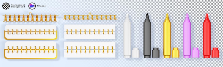 PSD 3d set of gold notebook spirals and color markers render golden wire metal ring bindings and springs for calendar notepad document cover white black yellow and red highlighters