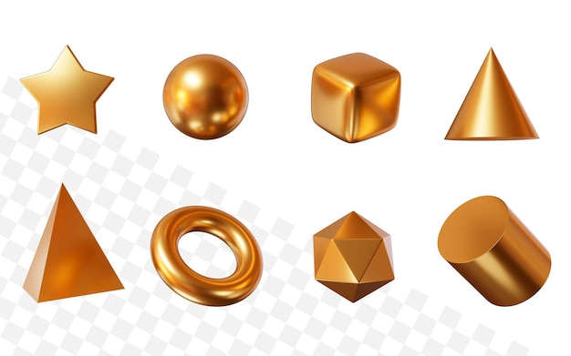 3d set gold shapes square cylinder sphere pyramid torus star cone icosphere on isolated background