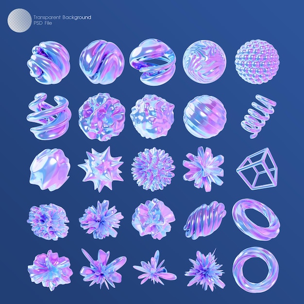 PSD 3d set holographic geometric abstract shape isolated on transparent background