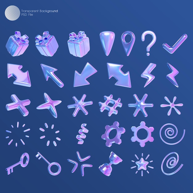 PSD 3d set holographic icon and  abstract shape isolated on transparent background