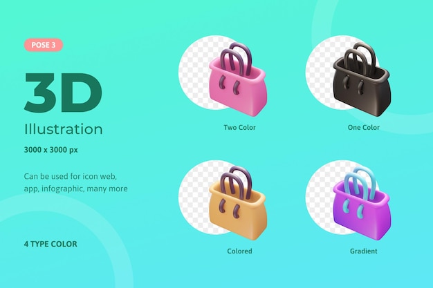 ウェブ、モバイルアプリケーション、インフォグラフィックなどに使用される3Dセットアイコンイラストトートバッグ