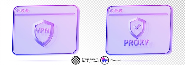 3d set of glass holographic browser window with VPN shield and proxy server icon render Data encryption hide IP address secure internet connection technology computer security