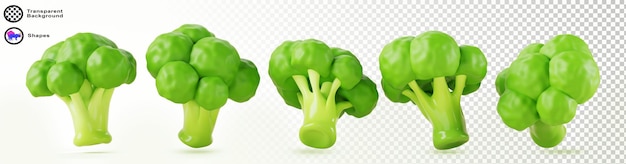3d set of green broccoli vegetable in different angles view Asparagus or garden cabbage fresh inflorescence branches isolated on white background Healthy organic food render icon