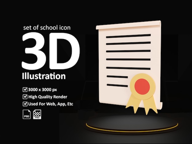 PSD 学校のアイコンの卒業証書の3dセット