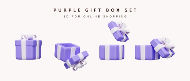 흰색 배경 3d 렌더링 그림 클리핑 패스에 격리된 쇼핑 개념 아이콘에 대한 보라색 선물 상자의 3d 세트