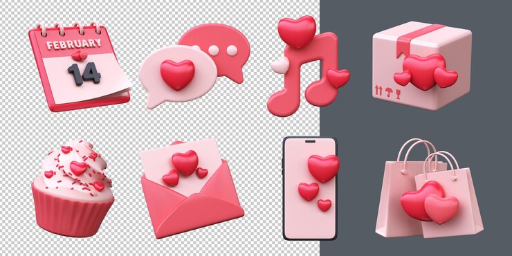 3d set of romantic love icons for Valentines Day or wedding